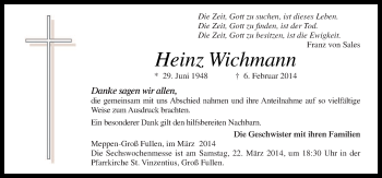 Traueranzeige von Heinz Wichmann von Neue Osnabrücker Zeitung GmbH & Co. KG