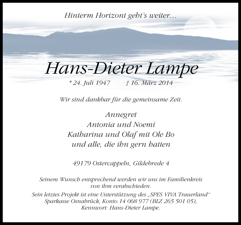  Traueranzeige für Hans-Dieter Lampe vom 19.03.2014 aus Neue Osnabrücker Zeitung GmbH & Co. KG