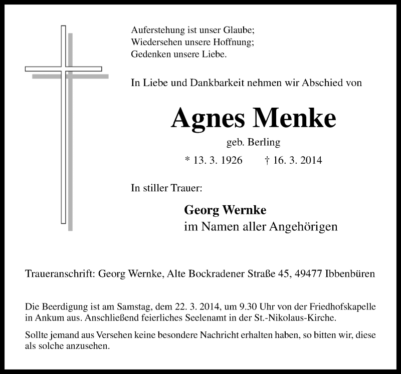  Traueranzeige für Agnes Menke vom 18.03.2014 aus Neue Osnabrücker Zeitung GmbH & Co. KG