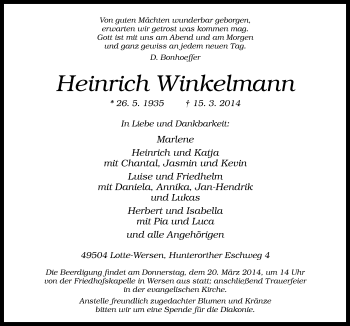 Traueranzeige von Heinrich Winkelmann von Neue Osnabrücker Zeitung GmbH & Co. KG