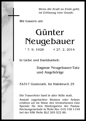 Traueranzeige von Günter Neugebauer von Neue Osnabrücker Zeitung GmbH & Co. KG