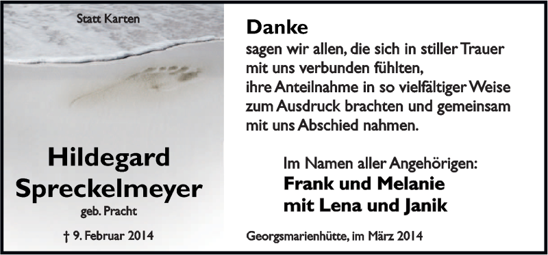  Traueranzeige für Hildegard Spreckelmeyer vom 20.03.2014 aus Neue Osnabrücker Zeitung GmbH & Co. KG