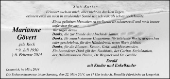 Traueranzeige von Marianne Gövert von Neue Osnabrücker Zeitung GmbH & Co. KG