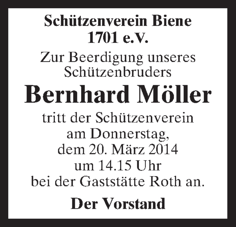  Traueranzeige für Bernhard Möller vom 19.03.2014 aus Neue Osnabrücker Zeitung GmbH & Co. KG