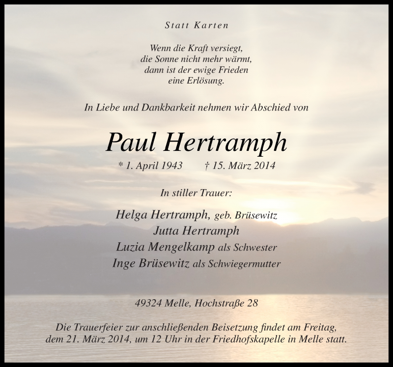  Traueranzeige für Paul Hertramph vom 19.03.2014 aus Neue Osnabrücker Zeitung GmbH & Co. KG