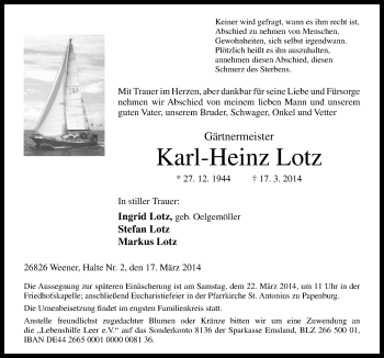 Traueranzeige von Karl-Heinz Lotz von Neue Osnabrücker Zeitung GmbH & Co. KG