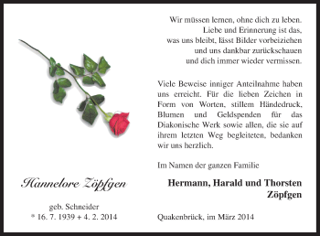 Traueranzeige von Hannelore Zöpfgen von Neue Osnabrücker Zeitung GmbH & Co. KG