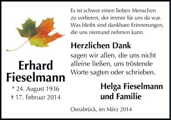 Traueranzeige von Erhard Fieselmann von Neue Osnabrücker Zeitung GmbH & Co. KG