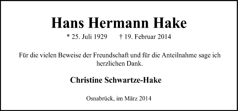  Traueranzeige für Hans Hermann Hake vom 22.03.2014 aus Neue Osnabrücker Zeitung GmbH & Co. KG