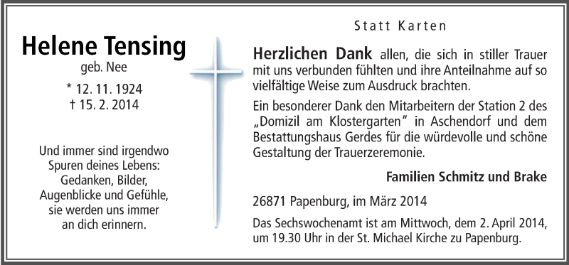  Traueranzeige für Helene Tensing vom 31.03.2014 aus Neue Osnabrücker Zeitung GmbH & Co. KG