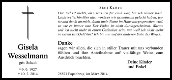 Traueranzeige von Gisela Wesselmann von Neue Osnabrücker Zeitung GmbH & Co. KG