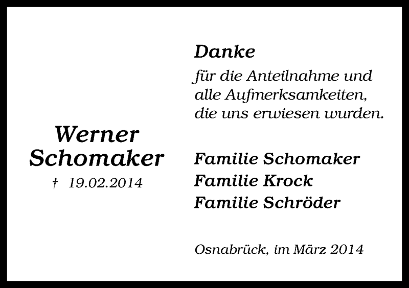  Traueranzeige für Werner Schomaker vom 22.03.2014 aus Neue Osnabrücker Zeitung GmbH & Co. KG