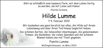 Traueranzeige von Hilde Lumme von Neue Osnabrücker Zeitung GmbH & Co. KG