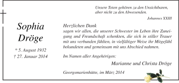 Traueranzeige von Sophia Dröge von Neue Osnabrücker Zeitung GmbH & Co. KG