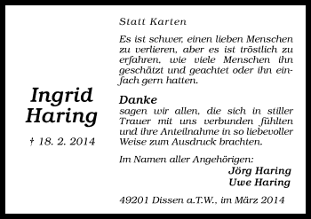 Traueranzeige von Ingrid Haring von Neue Osnabrücker Zeitung GmbH & Co. KG