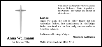 Traueranzeige von Anna Wellmann von Neue Osnabrücker Zeitung GmbH & Co. KG