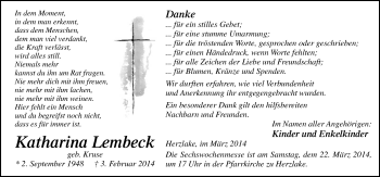 Traueranzeige von Katharina Lembeck von Neue Osnabrücker Zeitung GmbH & Co. KG