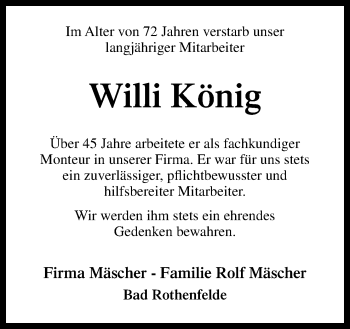 Traueranzeige von Willi König von Neue Osnabrücker Zeitung GmbH & Co. KG