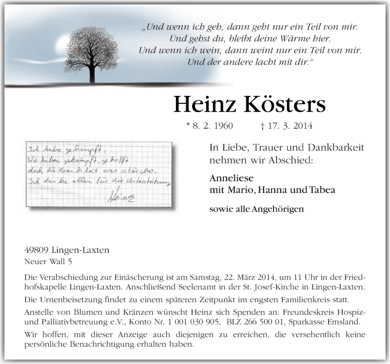  Traueranzeige für Heinz Kösters vom 20.03.2014 aus Neue Osnabrücker Zeitung GmbH & Co. KG