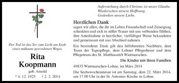 Traueranzeige von Rita Koopmann von Neue Osnabrücker Zeitung GmbH & Co. KG