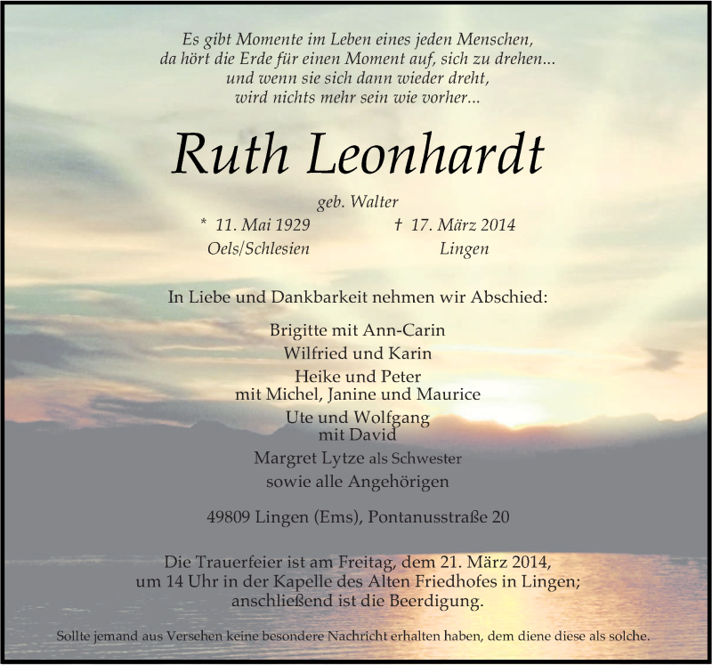  Traueranzeige für Ruth Leonhardt vom 20.03.2014 aus Neue Osnabrücker Zeitung GmbH & Co. KG
