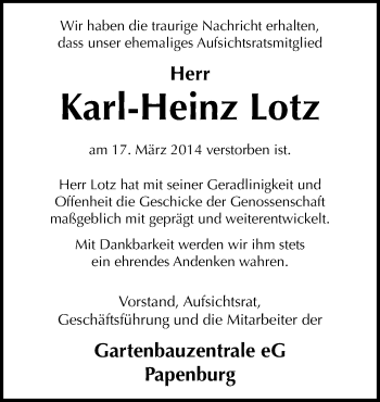 Traueranzeige von Karl-Heinz Lotz von Neue Osnabrücker Zeitung GmbH & Co. KG