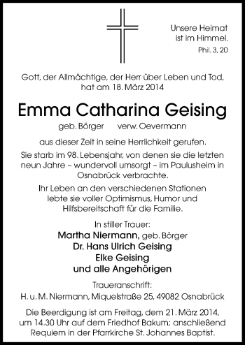 Traueranzeige von Emma Catharina Geising von Neue Osnabrücker Zeitung GmbH & Co. KG