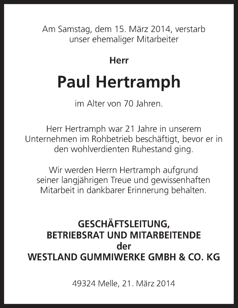  Traueranzeige für Paul Hertramph vom 21.03.2014 aus Neue Osnabrücker Zeitung GmbH & Co. KG
