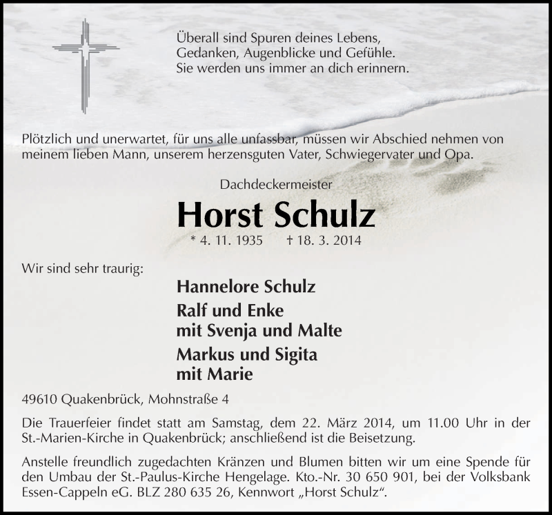  Traueranzeige für Horst Schulz vom 20.03.2014 aus Neue Osnabrücker Zeitung GmbH & Co. KG