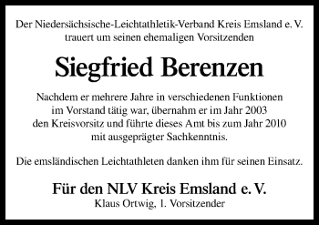 Traueranzeige von Siegfried Berenzen von Neue Osnabrücker Zeitung GmbH & Co. KG