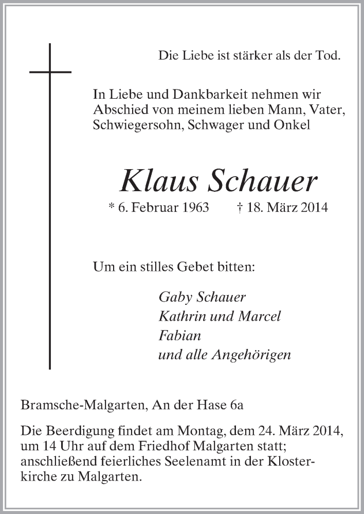  Traueranzeige für Klaus Schauer vom 21.03.2014 aus Neue Osnabrücker Zeitung GmbH & Co. KG