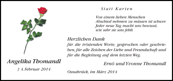Traueranzeige von Angelika Thomandl von Neue Osnabrücker Zeitung GmbH & Co. KG