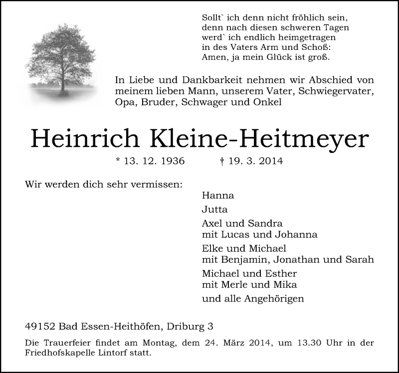  Traueranzeige für Heinrich Kleine-Heitmeyer vom 21.03.2014 aus Neue Osnabrücker Zeitung GmbH & Co. KG