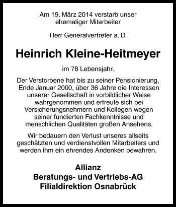 Traueranzeige von Heinrich Kleine-Heitmeyer von Neue Osnabrücker Zeitung GmbH & Co. KG