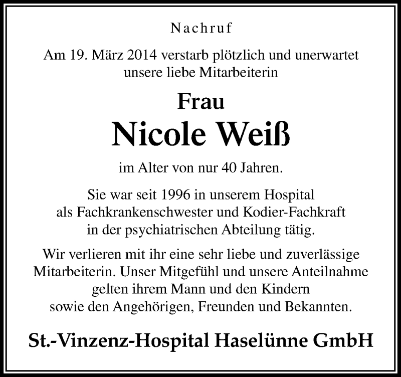  Traueranzeige für Nicole Weiß vom 24.03.2014 aus Neue Osnabrücker Zeitung GmbH & Co. KG
