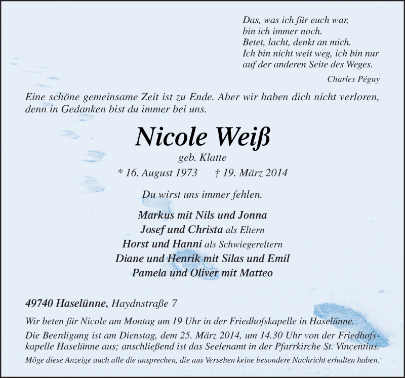  Traueranzeige für Nicole Weiß vom 22.03.2014 aus Neue Osnabrücker Zeitung GmbH & Co. KG