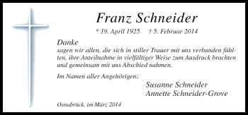 Traueranzeige von Franz Schneider von Neue Osnabrücker Zeitung GmbH & Co. KG