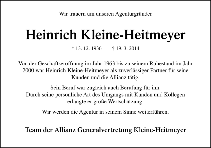  Traueranzeige für Heinrich Kleine-Heitmeyer vom 22.03.2014 aus Neue Osnabrücker Zeitung GmbH & Co. KG