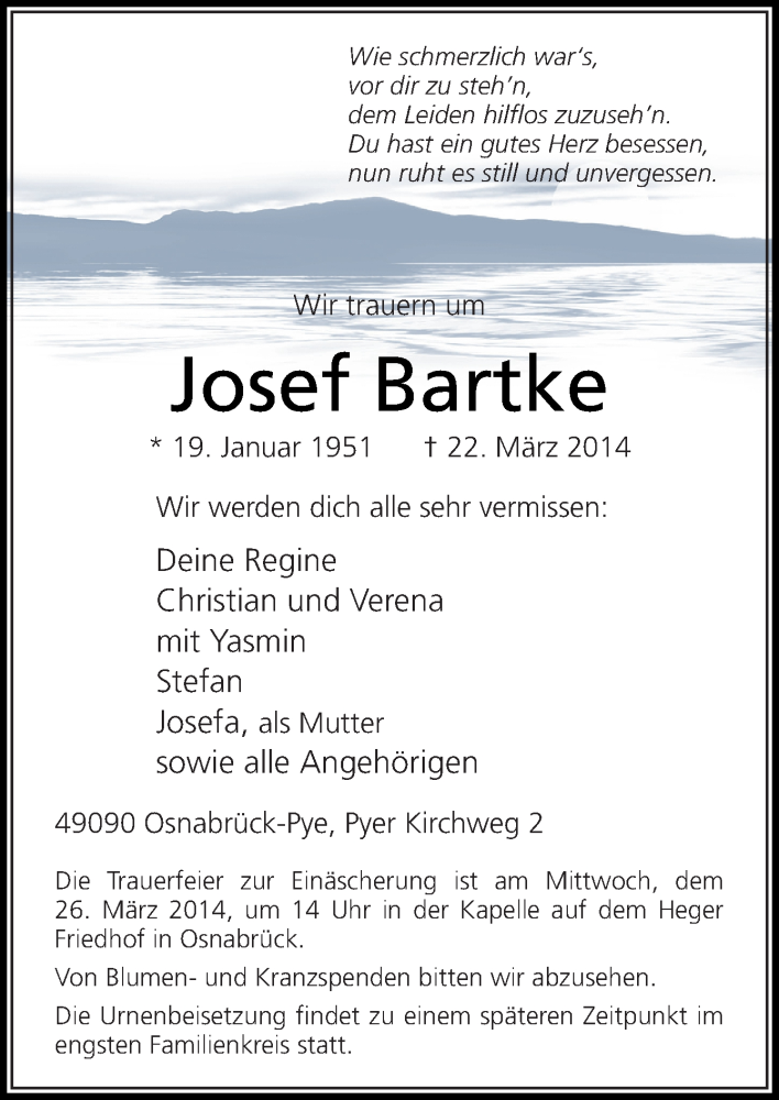  Traueranzeige für Josef Bartke vom 24.03.2014 aus Neue Osnabrücker Zeitung GmbH & Co. KG