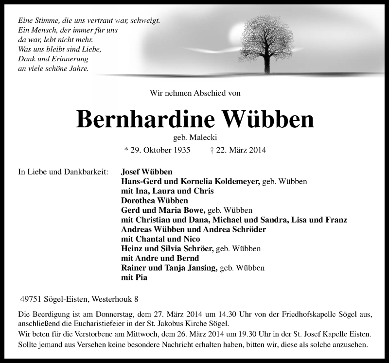  Traueranzeige für Bernhardine Wübben vom 25.03.2014 aus Neue Osnabrücker Zeitung GmbH & Co. KG