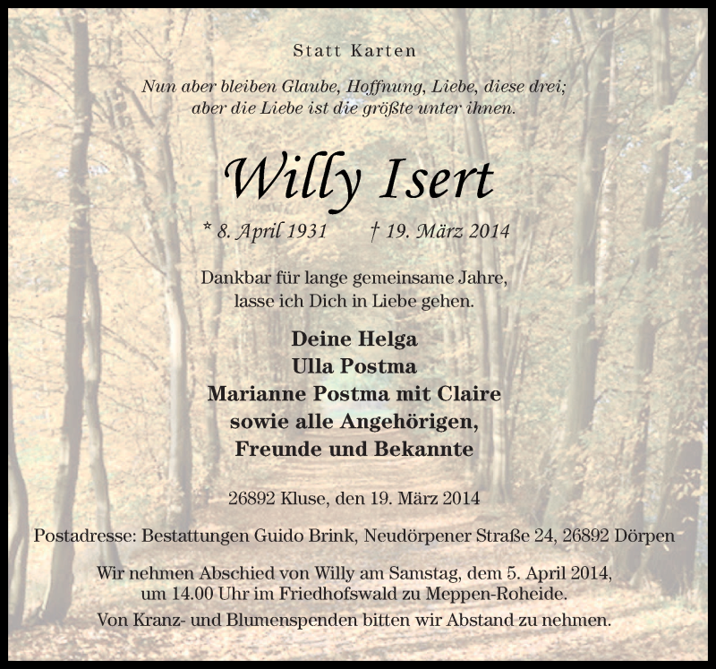  Traueranzeige für Willy Isert vom 25.03.2014 aus Neue Osnabrücker Zeitung GmbH & Co. KG