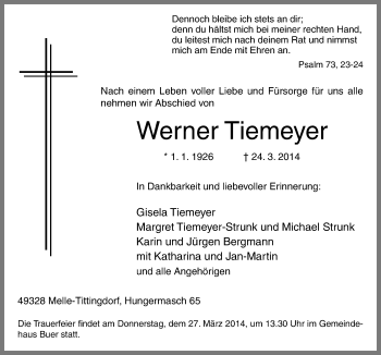 Traueranzeige von Werner Tiemeyer von Neue Osnabrücker Zeitung GmbH & Co. KG