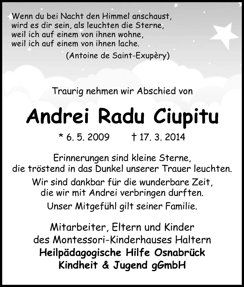  Traueranzeige für Andrei Radu Ciupitu vom 26.03.2014 aus Neue Osnabrücker Zeitung GmbH & Co. KG