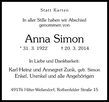 Traueranzeige von Anna Simon von Neue Osnabrücker Zeitung GmbH & Co. KG