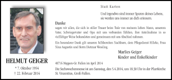 Traueranzeige von Helmut Geiger von Neue Osnabrücker Zeitung GmbH & Co. KG