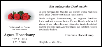 Traueranzeige von Agnes Honerkamp von Neue Osnabrücker Zeitung GmbH & Co. KG