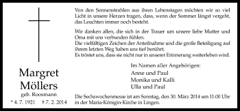 Traueranzeige von Margret Möllers von Neue Osnabrücker Zeitung GmbH & Co. KG