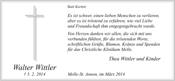 Traueranzeige von Walter Wittler von Neue Osnabrücker Zeitung GmbH & Co. KG