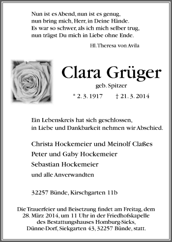 Traueranzeige von Clara Grüger von Neue Osnabrücker Zeitung GmbH & Co. KG