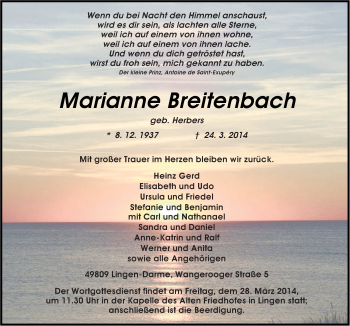 Traueranzeige von Marianne Breitenbach von Neue Osnabrücker Zeitung GmbH & Co. KG